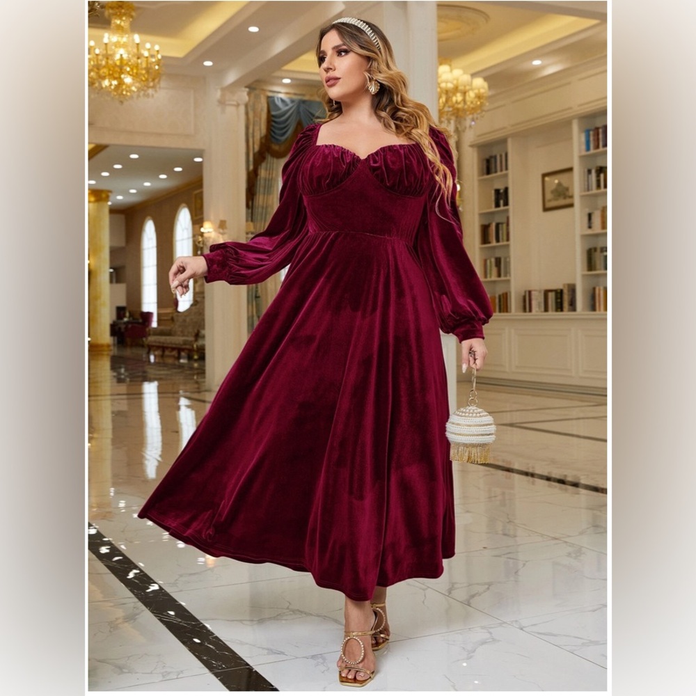 Garnet red velvet Sweetheart Neck Lantern Sleeve gown winter holiday formal goth
